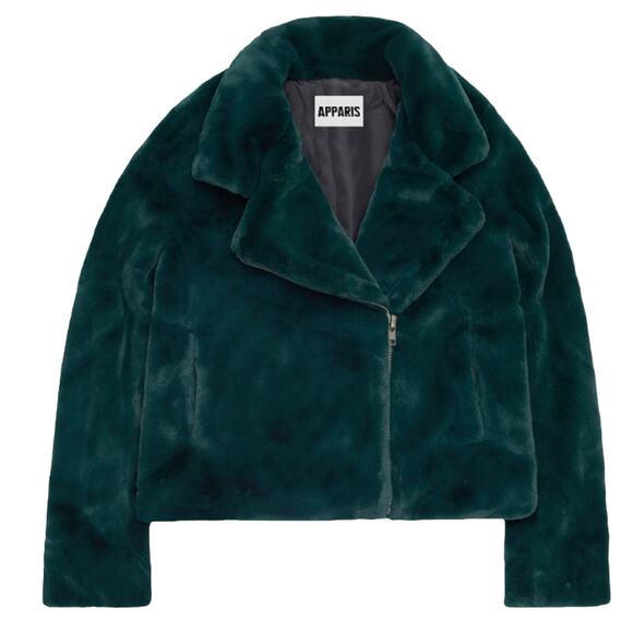 APPARIS Tukio Coat Emerald Green Faux Fur Coat Soft Cozy Pockets Jacket Medium - Picture 4 of 10